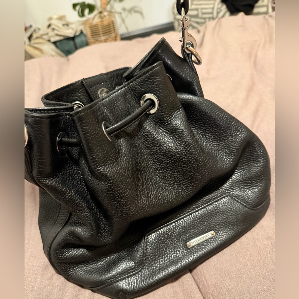 Rebecca Minkoff Black Pebbled Leather Drawstring Bucket Bag